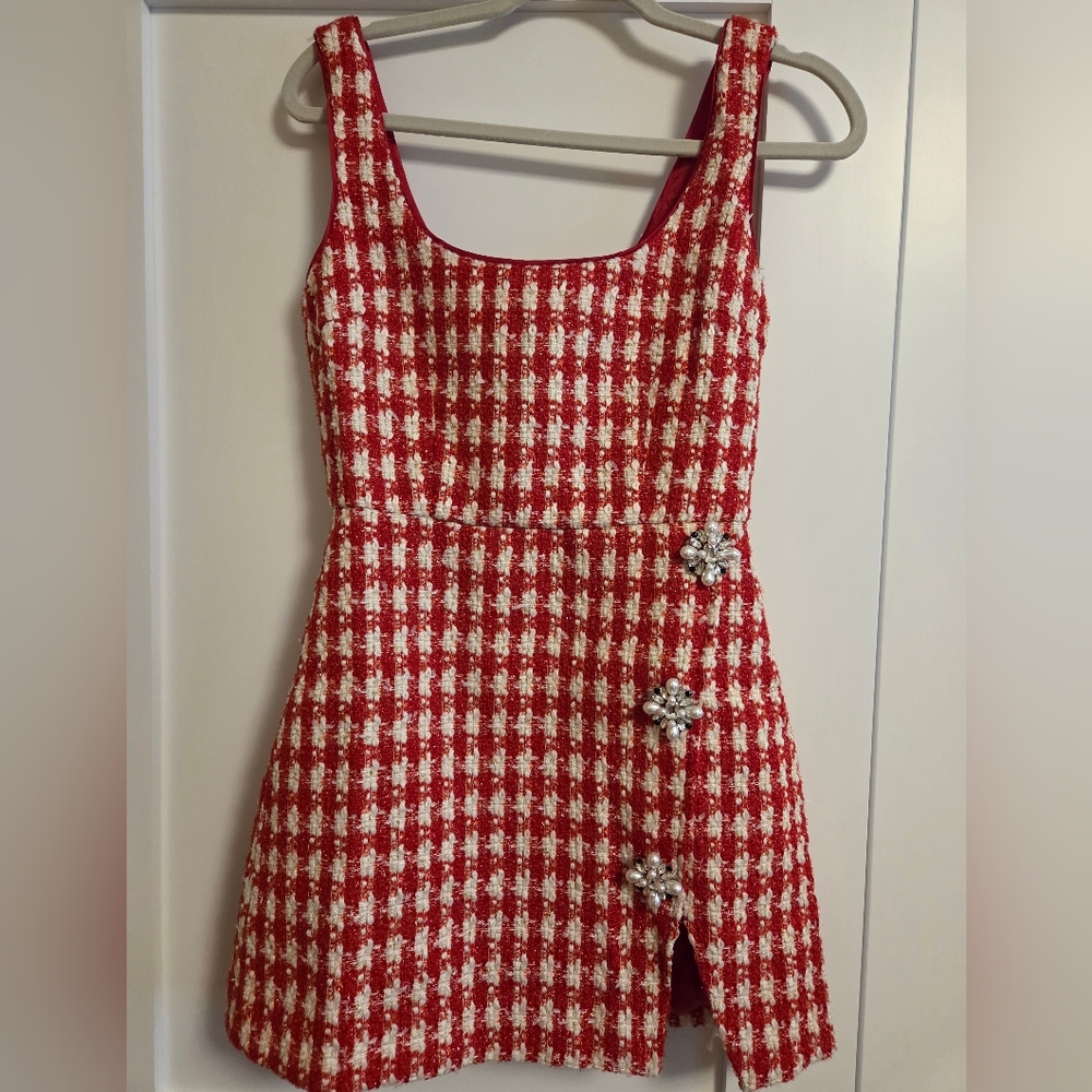 Self-Portrait,Sparkling Red And White Mini Houndstooth Dress.🥰 - Picture 3 of 14